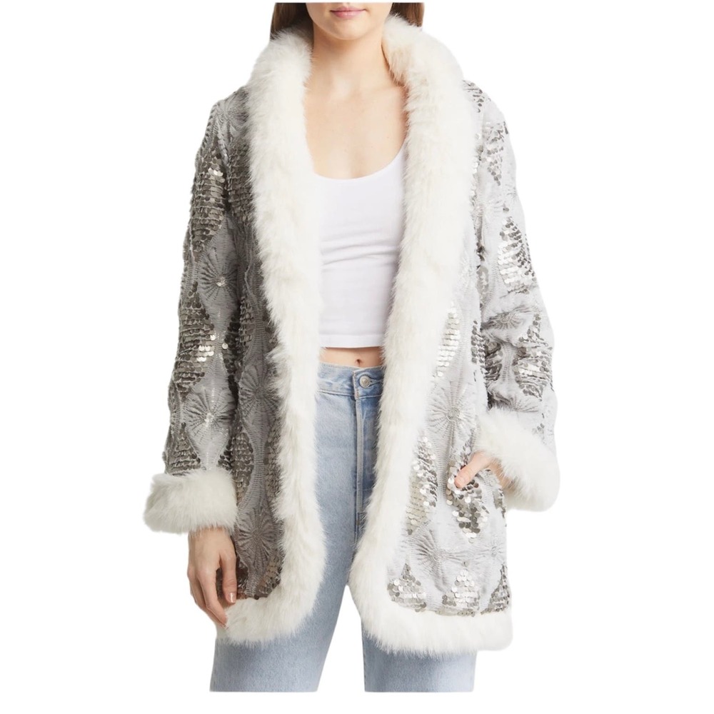 NEW Band of The Free Boho Faux Fur Trim Jacket with Sequins